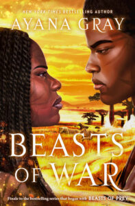 Illustrated cover for Beasts of War. Two Black teenagers are looking intently at each other. We can see them from about the shoulders up. The girl has shoulder-length braids, and the boy has short hair. They both seem to have either markings or shadows across their faces. The grassland scenery behind them is mostly gold, with a pride of lions and a few trees and hills behind them.