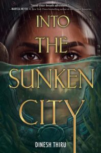 Illustrated cover for Into the Sunken City. The cover is an close up of a teenager's face. They have medium brown skin, dark brown eyes, and are wearing a diver's helmet. They are partially submerged in the water, with the water coming up just beneath their eyes and some kind of underwater plants framing the helmet. In the reflection of the helmet you can see the skyline of a city.
