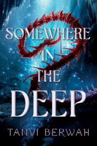Illustrated cover for Somewhere in the Deep. The scene is an underground cave with steep walls and icicles or stalactites coming off of some of the ledges. There is a pool of water in the center, and hanging over it is a red multi-jointed, and spiky monster's tail. the tail is huge and has a stinger that drips poison.