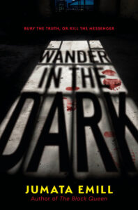 Cover for Wander in the Dark. The cover is staged so it looks like a bright light is spilling in from the window and casting light and shadows on the floor. The floor is concrete and the room itself appears to be mid-construction with debris scattered about, and there are also bloody footprints near the center. In the distance, through the window, you can see a city skyline.