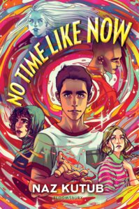 There is one person centered on the cover, but there are several others on the periphery. There are swirls of color almost like a colorful tornado around them. 