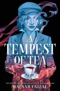 Illustrated cover for A Tempest of Tea. The image appears to be done in colored pencil, on a light blue to purple to pink gradient. A teenage girl wears what looks like early 20th century boy's clothing. She has jaw-legnth loosely curled hair, a hat, a high-collared shirt, and a jacket. She is holding what looks like a steaming cup of tea, but on closer inspection, the tea is blood. A city skyline can be seen in the borders of her clothes.
