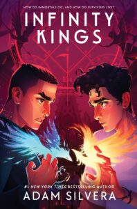 Illustrated cover for Infinity Kings. Two teenage boys face off against each other in the foreground. They're both visible from the torso up. The one on the left has very short dark hair, wears a long-sleeved blue shirt, has blowing blue veins visible on the back of his right hand, and has a blue bird-like creature hovering above his curled fingers. The one on the right has longer, curly dark hair, wears a short-sleeved white shirt, has a leather bracelet around his left wrist, and has a yellow bird-like creature in front of his upraised palm. Behind and above them is a church-like building and what appears to be a pair of armed angel statues. The two boys are meeting each others' gaze and appear ready to fight.