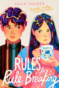 Illustrated cover for Rules for Rule Breaking. A teenage Korean American boy and girl stand slightly overlapping each other. They're visible from the stomach up, and they're both glancing at each other from the corners of their eyes. The girl has dark hair a little past her shoulders, and she is wearing a pink and blue sweater. She is holding a white coffee mug in both hands, and the mug says Future Rocket Scientist on it. The boy has short dark hair and is wearing a fall-esque multicolored striped turtleneck. The girl looks displeased, but the boy is half smiling as he looks at her.