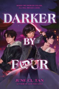 Illustrated cover of Darker by Four. There are three young people at the center of the cover. In the back the edges of Chinese style roofs are visible. The person in the center is holding a sword in each hand. One is in front of their body and the other is being held over their left shoulder. All of the characters have short dark hair that looks wind tossed. The one on the left has crossed arms and a hoodie. The one on the right hs a tank top with a loose shirt over it. A bit of a tatoo is showing on their back.