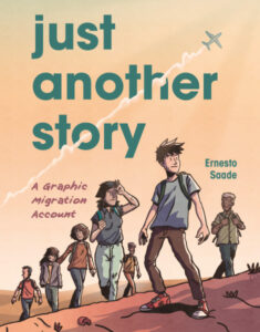Illustrated cover of the graphic novel just another story. There is an airplane with a trail of white behind it up in the peach colored sky. There are seven people walking across a desert sort of in a line. They're all wearing backpacks and have serious looks on their faces.