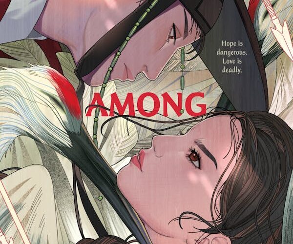 Illustrated cover of A Crane Among Wolves. Two Korean teenagers look at each other intently, their faces only a few inches away from each other. They're both wearing historical Joseon-era clothing. The girl has a light blue jeogori with a white collar and has her long brown hair in a thick braid as she peers upward. The boy is wearing a red jeogori with a white collar and a black gat whit green beads. His hair is in a topknot under his gat. He peers down at the girl while arrows fall around them. A pair of cranes take up the entire background, and one of them has its beak sliding under the girl's chin and against her neck. It looks as if it may have cut her a little.