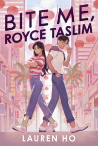 Illustrated cover for Bite Me, Royce Taslim. Two teenagers walk past each other on the streets of Kuala Lumpur. The street is hung with round pink-red lanterns and is crowded with signs and a few scattered palm trees. The girl has her arms crossed as she walks by, and she has waist-length black hair and is wearing a red and white striped shirt, blue capris, and white sneakers with green socks. The boy has one hand in his pocket as he walks by, and he has short black hair, airpods, a prominent watch, and is wearing a white t-shirt, blue jeans, white shirt, and has a scarf or a sweater draped around his shoulders. Both of them are just barely glancing back at each other as they pass.