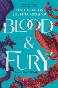 Illustrated cover of Blood & Fury. A purple dragon and a red phoenix are roaring at each other mid-flight. Their wings are outstretched, and the phoenix has its talons up as if it's about to attack.
