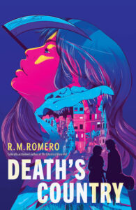 Illustrated cover for Death's Country. A teenage girl with shoulder-length hair has her head tilted back as she looks at something in the distance. She is in profile, and Death's scythe curves around the top of her face. The image of her transforms into what looks like an alligator skull with its mouth open wide. A crumbling city emerges from that mouth. In the bottom right corner are the silhouettes of two teenagers, turned together as if they're talking. The one on the right holds what looks like a guitar. The whole cover is in bold pinks, blues, and purples.