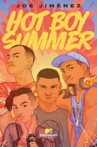 Illustrated cover for Hot Boy Summer. Four teenage boys with varying shades of brown skin, are grouped together and posing like for a photo, looking at the viewer. The boy at the top left has an impressive gold ear cuff, a thin mustache, and is wearing a red and yellow shirt. The boy in the middle has a bit of scruff all over and is wearing a gray t-shirt with a basketball on it. The basketball has been thrown so hard there are streaks behind it. The boy on the right is wearing a purple baseball cap and a t-shirt, which has black illustrations of what could be a sound system, keyboard, and headphones. He also has a goatee, mustache, and yellow headphones around his neck, and he has his arm around the boy in the middle. The boy in the bottom left has one side of his head shaved and is wearing a semi-sheer purple top with a black tank top, many varied chunky bracelets on both arms, and long, colorful earrings. He has his hands upped around his lower jaw and neck, and it looks like his nails are painted.