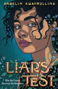 Illustrated cover for Liar's Test. A teenage girl is slightly turned to the side, but she is looking at the viewer straight on. She's only visible from the shoulders up, and she appears to be wearing a dark green or maybe black v-necked sleeveless shirt. She has medium brown skin and curly black hair that looks like it might have started to escape a more put-up style. She is dappled in shadow, and there is a spray of small blue flowers and their leaves and stems across her chest and up into her hair, just behind one ear.