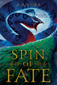 Illustrated cover for Spin of Fate. This is a closeup of a huge, peacock-like monster. The brilliant peacock feathers transition into blue, snake-like scales and a long snake-like neck. The head itself appears to be part snake, part peacock, and entirely unsettling. The monster is coiled up and around, with it's mouth open, as if preparing to strike.
