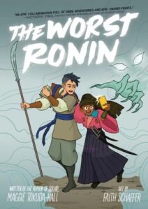 Illustrated cover of The Worst Ronin. An adult woman holds a naginata upright and off the ground while she looks back over her shoulder at a younger and much shorter girl. The woman is wearing what looks like a tunic-length tan shirt with a blue belt around her waist, loose green pants, and black knee-height boots. The side of her head is shaved, and she looks exasperated as the girl tries to take a selfie of them together. The girl looks like she's wearing purple hakama with a pink kosode, and she hair a pair of swords at her waist. Her dark hair is pulled into a long, high ponytail. They are surrounded by fog, and there is a pair of glowing eyes in the fog, as well as a clawed green hand reaching out to grab them.