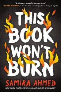 Illustrated cover for This Book Won't Burn. The background of this cover looks like it is asphalt and that the title has been painted onto the asphalt in white as the title looks like brush strokes. Similarly styled flames in yellow to red gradients erupt from different letters in the title.