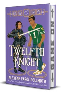 Illustrated cover for Twelfth Knight. A pair of teenagers stand facing each other. They have golden circles on the floor around their feet and gold and white icons like a menu bar over their heads, designed to imply they are both avatars in a game. The girl has light brown skin hand long black hair in a braid. She is wearing black metal plate armor with gold accents and is holding a sword so it is pointed at the taller boy. The boy has medium brown skin and is wearing a green football jersey with a white number 1, blue jeans with a black armored brace on one knee, and white and gold sneakers. He's also wearing a gold crown, and he has a pair of crutches.