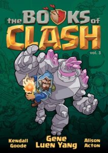 Illustrated book cover. A large robot-like creature that seems to be made of rock is carrying a much smaller bearded man in who is wearing a bright blue cloak with a hood. The man has a flame in one hand.