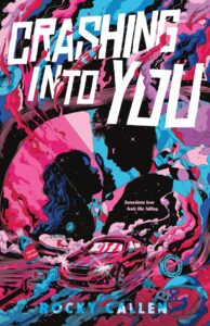 The cover is mostly hot pink and ice blue with black and white. There are two people's silhouettes as they are staring at each other amidst broken glass. There is a car with its lights on driving away. There is debris around like a shoe and a helmet.
