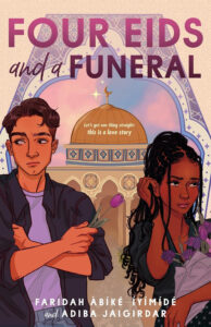 Two young people are featured. The young man on the left has arms crossed and is looking away. The young woman on the right is also looking away. Behind and between them a mosque is visible with a pink and blue sky.