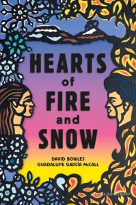 An illustrated cover. On the left is a young woman's profile. Above and below are snowflakes. On the right is a young man's profile and above and below are flames. In the background above the title are mountains. At the bottom there is a heart that is ice on the left and fire on the right.