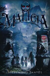 Four people are walking through dark gates into a theme park. The top of the gate says Malicia and has an outline of a head with glowing red eyes. There is lightning in the distance. It's dark and hazy.