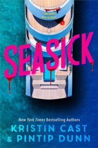 We are looking down at a cruise ship. The title is in hot pink and there are drips off of the first, middle, and last letters. 