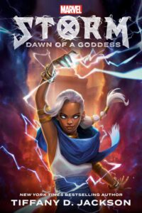 A young Black woman is standing with one arm raised. There are bolts of electricity in the air around her. Her eyes are glowing ice blue.