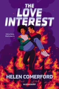 A young woman is being carried past flames by a young man dressed as a superhero.