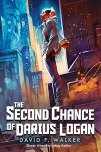 Illustrated cover of The Second Chance of Darius Logan. A Black teenage boy stands on the edge of a roof in a sky scraper-filled city. He is wearing a t-shirt, jeans, and an unzipped hoodie in various shades of blue, gray, and yellow. His head is tilted slightly up while he stands with his hands in his pockets. It seems to be night time in the city, though there is some yellow light that might be the rising or setting sun. 