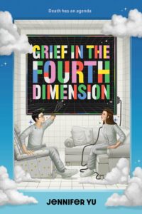 Two people are sitting in chairs on this book cover. They are wearing grey and the furniture is also grey. The Title is in bold colors. 