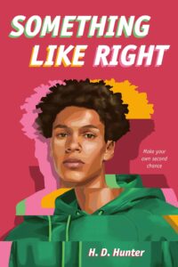 Illustrated cover of Something Like Right. A Black teenage boy with medium length curly hair gazes directly at the viewer. He is wearing a green hoodie with the hood down. There is a glitching effect across him, like an old box tv in on the fritz, so that the lines of him don't all match up and the colors aren't layering properly.