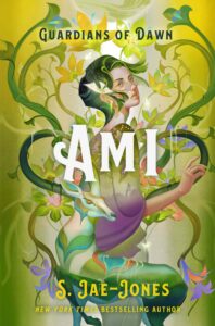 There is a yellow-green background. A young person with short hair that is tinted green is wearing small round glasses and is surounded by plants that are swirling nearby. There is also a colorful stag in front of the person.
