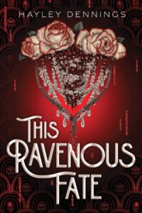 Red edges white roses are at the top of this cover with a lot of white and crimson jewels dangling below like a necklace. The background is glowing light and dark red.