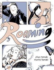 The book cover has a square located in each of the left corners and on the top right. There is a person drawn in each. The top left has a young person with a buzz cut and dark hair. The top right is a person with long dark straight hair wearing a beanie and taking a photo of something. The bottom left corner is a person with light curly hair with a bun. She has her fingers up to her lips. The final corner shows a tiny statue of liberty and a butterfly.