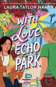 A brightly colored book cover with the title in white in the center. On either side of the title is a person. The dark haired young woman on the left is carrying a bouquet of flowers and there are many flowers above her. The light haired young man on the right has a bicycle above him. They are both smiling.