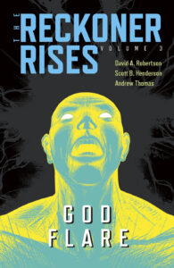 Illustrated cover for God Flare. The cover features a prominent yellow and blue sketch of a bald person with their head tilted back and mouth open as if they're shouting. Their eyes are a pure, blank white. The background is black and gray, and it frames the person's head almost like a halo.