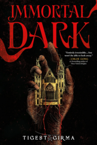 Illustrated cover of Immortal Dark. The cover is dominated by a dark brown hand that loosely holds what looks like an old-fashioned university building. The building and the hand are composed of a bunch of different colors of lines and scribbles when you look closely, giving them both an ephemeral appearance. There are a few red lines that are quite solid, though, and hang out of the front doors on the building like they are blood dripping down the wrist. 