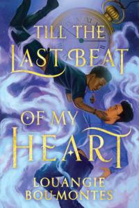 Illustrated cover of Till the Last Beat of My Heart. Two boys float in swirls of mist, looking like they might be falling. The one below has reached up with his right hand to grab the other by the back of the neck or maybe the shoulder, while the one above has grabbed his arm and also is very carefully touching his jaw. They're looking at each other longingly. Behind them floats a giant pocket watch with a cracked glass face.