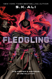 On the cover of Fledgling, a person is covered with a red hood and possibly a cape blowing in the breeze. They are wearing long sleeves with a belt that seems to hold many weapons. 
