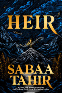 The book cover for Heir. It's a very dark illustrated image that almost looks like a woodcut print. There is a person standing on a tall hill with other mountains around. There is a dark night sky with clouds. The title and author are written in a golden font and some fir trees are on the sides and they have a golden color too.