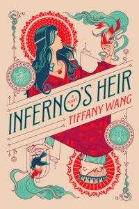 The cover for Inferno's Heir reminds one of a playing card. On the top there is a woman with a jeweled necklace and a circlet on her head over her long dark flowing hair. She has a round red halo around her head and she's holding a flame in her hand. Upside down at the bottom of the card is a young man with light hair wearing a crown. He also has a red halo. He's holding a bird in a cage that has a flame on it.