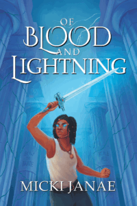 The cover of Blood and Lightning features a young Black person is standing among tall columns with a raised sword. There is a blue glow in their eyes and in the space around the sword. 