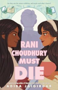 Two dark haired brown skinned young woman are staring at each other with smiles. in the background there is a silhouette of a young person with very short hair from the back. There is a tag line can they win the science exhibition and maybe each other's hearts?