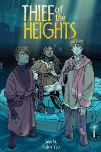 Three people are together on the book cover of Thief of the Heights. On either side of a long haired person in a wheelchair and two people standing in water almost up to their knees. The other person in the chair is up on a raised surface and appears to have both legs amputated at or just above the knees. All three are looking up and there are rays of light shining down on them. There is a dark cityscape behind them.