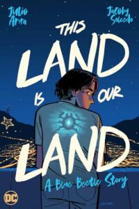 Most of this book cover is blue. There is a young person looking out over a city. We see them from the back. There is a beetle that seems to be glowing through the person's tshirt on their back.