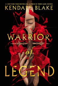 The cover of Warrior of Legen has a hand holding a sword shaped thing. In the blade portion there is a reflection of a closed eye. There are red images of several different people in sword fights and on horses with spears.