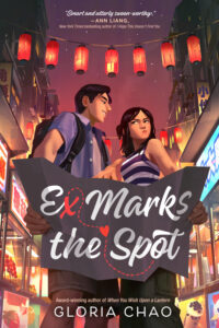 Illustrated book cover for Ex Marks the Spot. The illustration is angled so we are looking up at two teenagers holding a map in front of them. The boy is smiling at the girl, but the girl is partially turned away and has her mouth pursed as she glances at him. Behind them is a lantern-lit Taipei street a night, with colorful signs and stalls.