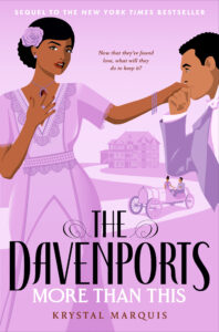 The book cover has a lavender theme. A Black young woman and young man are wearing lavender/purple clothes. She is in a long dress and he is in a suit. She has a rose in her hair and her hair is in an updo. His hair is cut short. In the background is an open early 1900s car and a large house. 