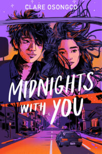 The book cover is slit into two parts. The top shows a young man and young woman in a convertable with their hair flying in the wind. The bottom shows the back end of a car driving down a road past buildings with a moon up in the sky. 