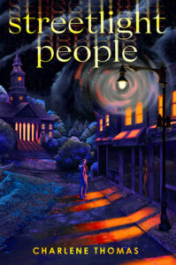 The cover of the book is a dark street with a young person standing outside of a building that has a streetlight outside. There are windows on the second floor that are illuminated. In the background is a larger building with a clock tower.